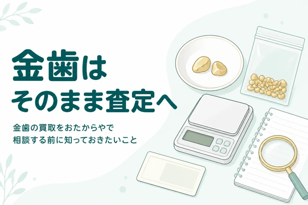 小皿の上の金色の金属片とはかり、「金歯はそのまま査定へ」の文字