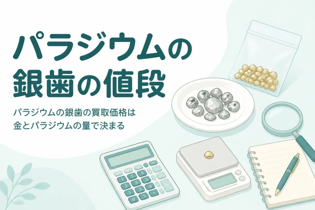 小皿の銀色の金属片と電卓・はかり、「パラジウムの銀歯の値段」の文字