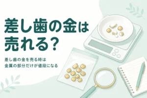 小皿の上の白い部分と金色の金属片がついた小さな部品とはかり、「差し歯の金は売れる？」の文字
