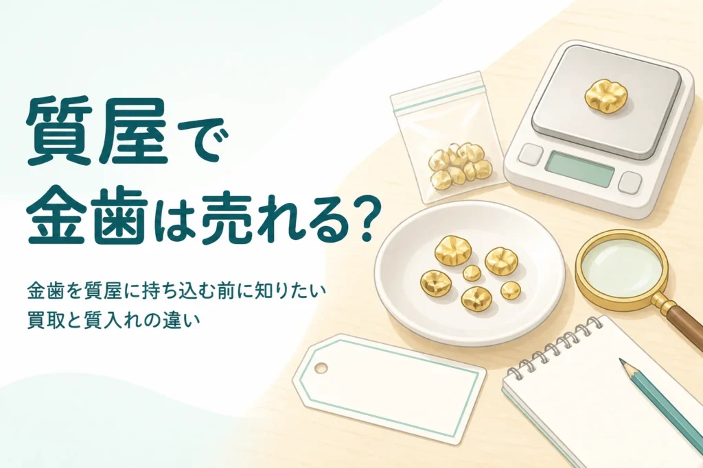 小皿の上の金色の金属片と小袋、「質屋で金歯は売れる？」の文字