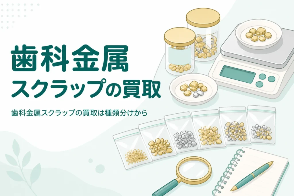 作業台の上の金属片や金属くずの小袋と缶、はかり、「歯科金属スクラップの買取」の文字