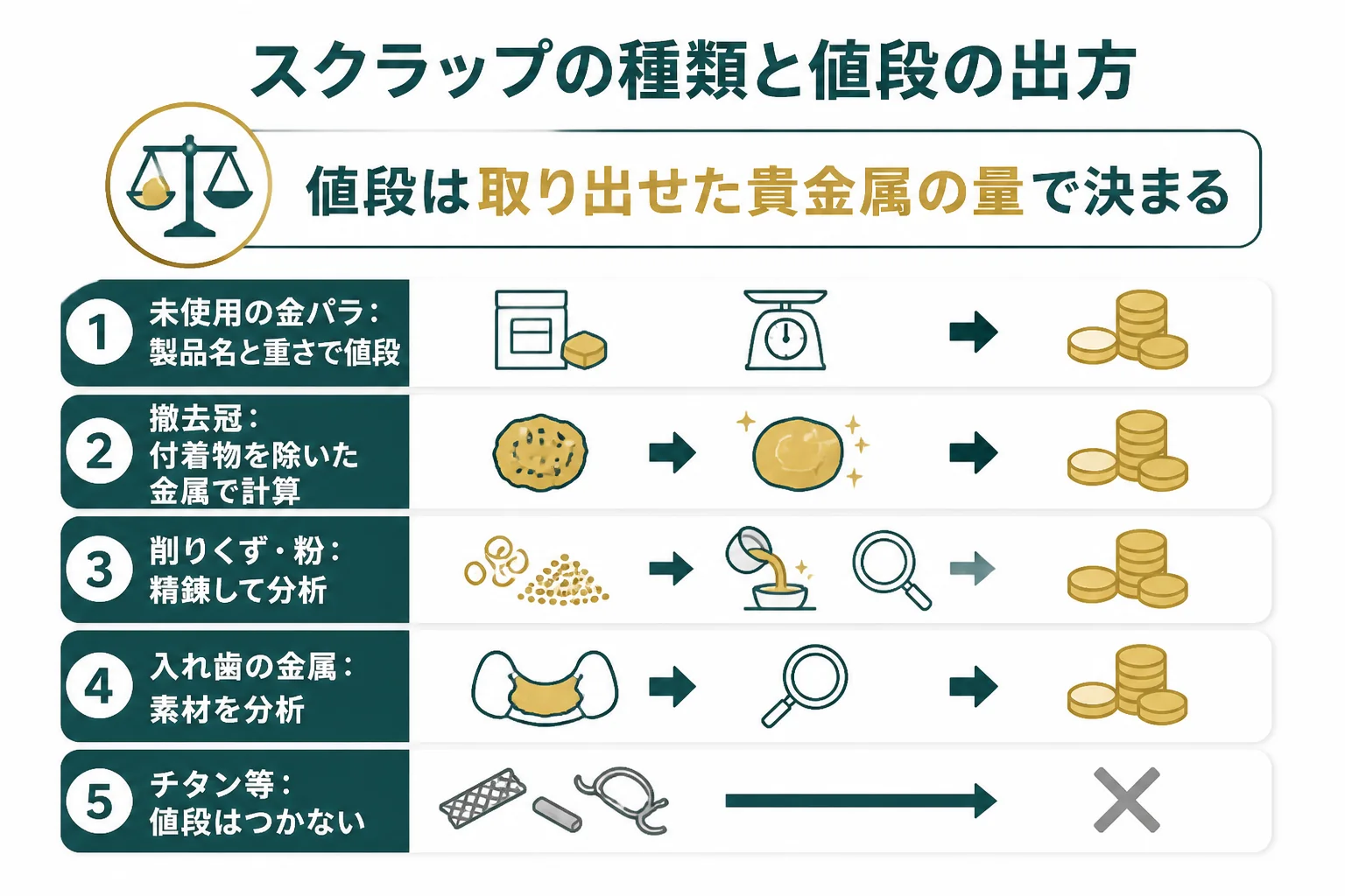 歯科金属スクラップの種類ごとに値段の出方の違いをまとめた図解