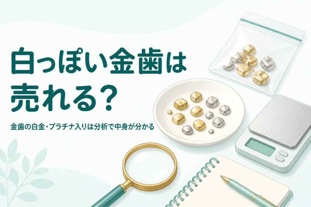 小皿の上の金色と白っぽい小さな金属片、「白っぽい金歯は売れる？」の文字