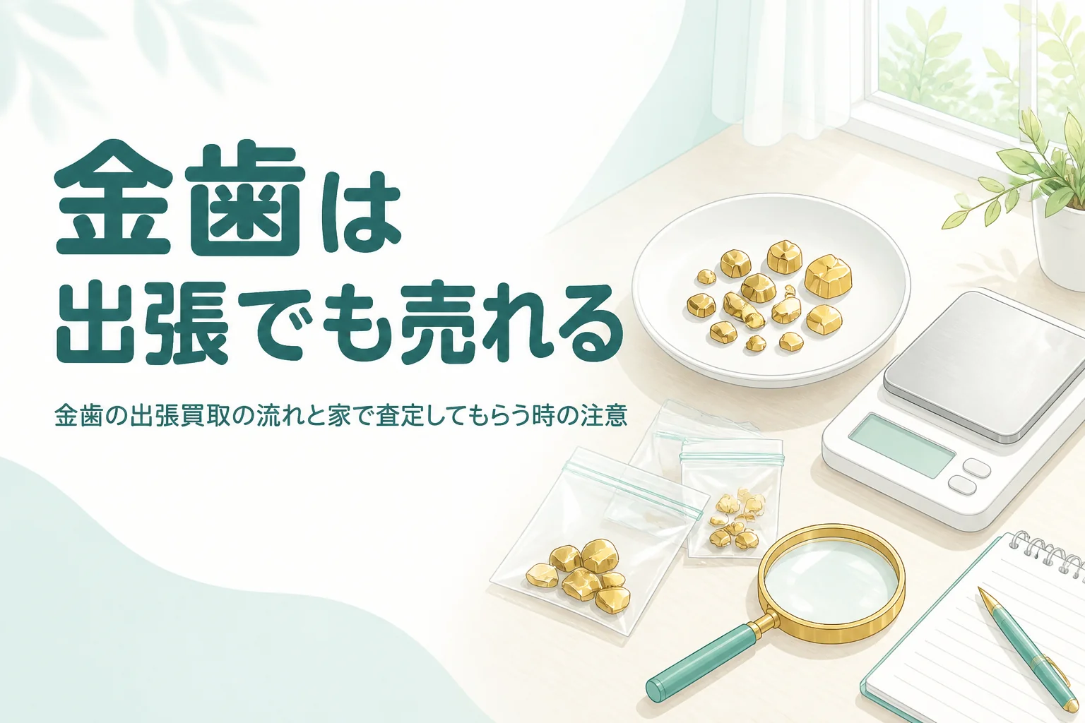 リビングのテーブルの小皿にのった金色の金属片とはかり、「金歯は出張でも売れる」の文字