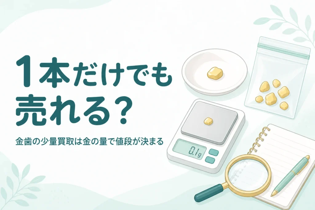 小皿の上の小さな金色の金属片と小袋、はかり、「1本だけでも売れる？」の文字
