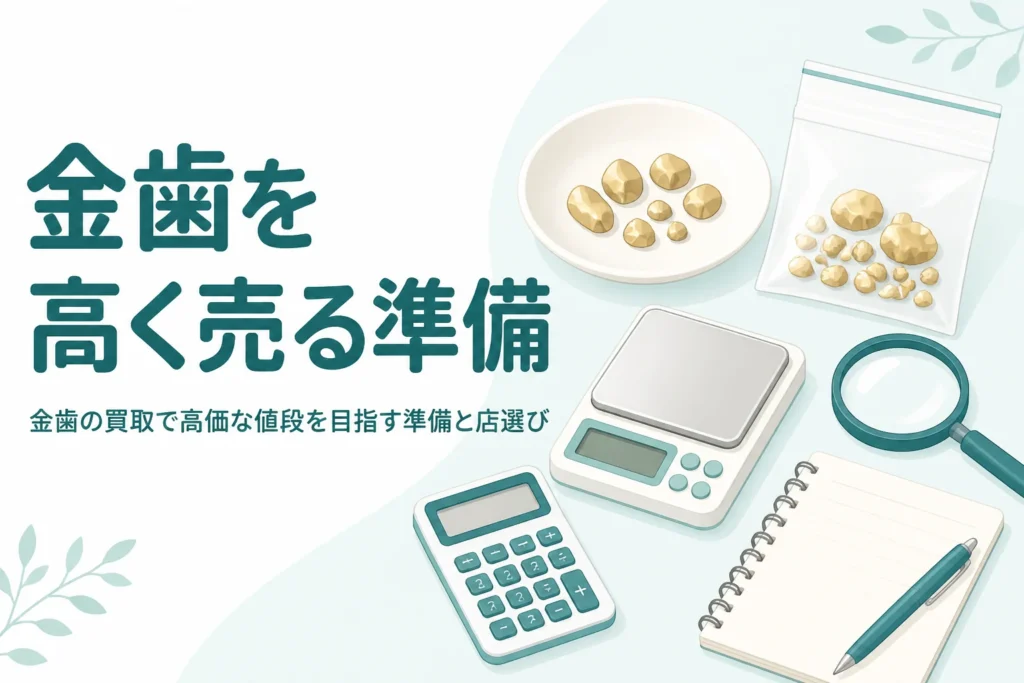 小皿の上の金色の金属片とはかり・電卓、「金歯を高く売る準備」の文字