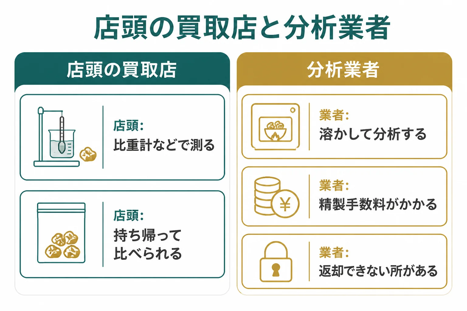 店頭の買取店と溶かして分析する業者の違いを比べた図解