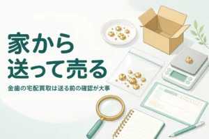 小袋に入った金色の金属片と段ボール箱、「家から送って売る」の文字