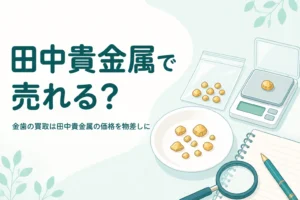 小皿の上の金色の金属片とはかり、「田中貴金属で売れる？」の文字