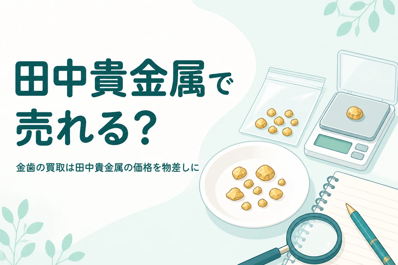 小皿の上の金色の金属片とはかり、「田中貴金属で売れる?」の文字