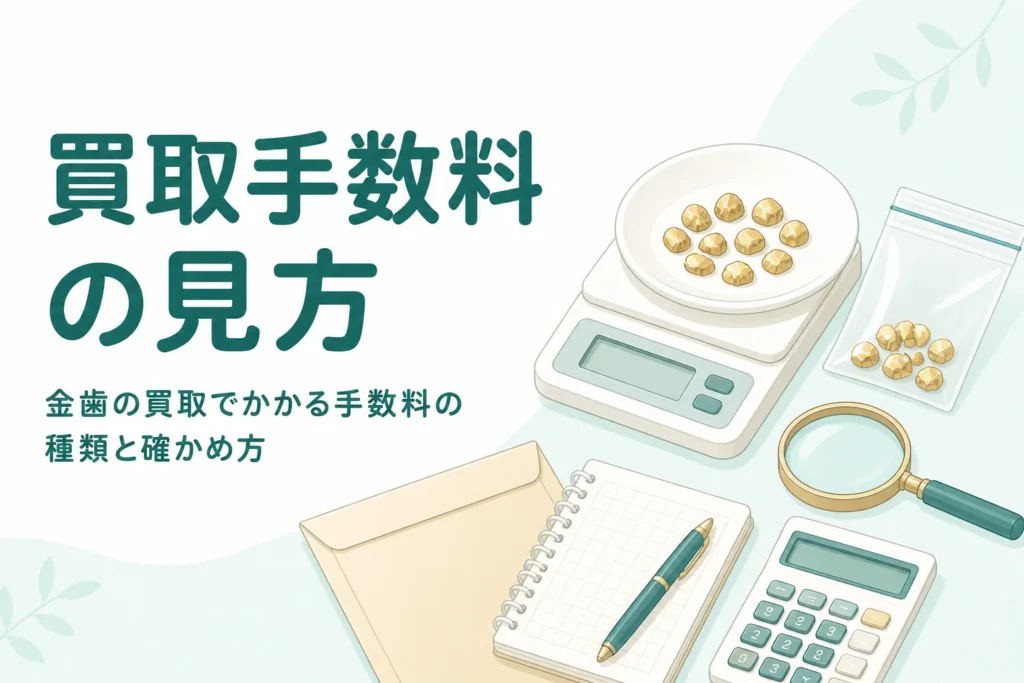 小皿の上の金色の金属片とはかり・封筒・電卓、「買取手数料の見方」の文字