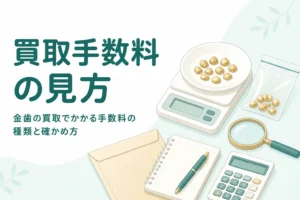 小皿の上の金色の金属片とはかり・封筒・電卓、「買取手数料の見方」の文字