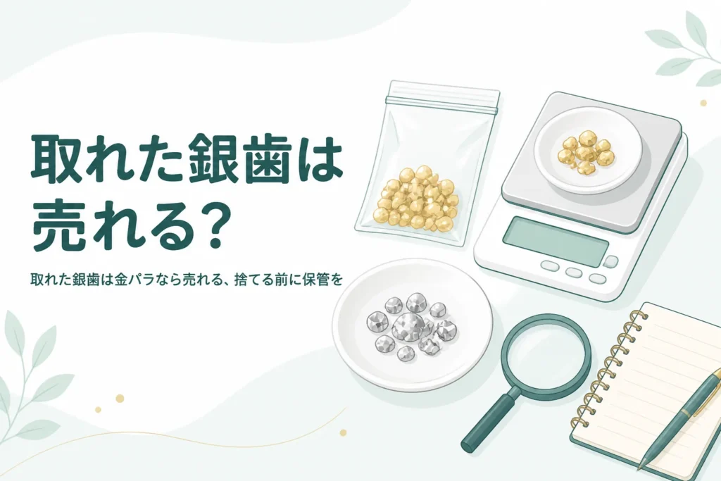 小皿の上の小さな銀色の金属片と小袋、はかり、「取れた銀歯は売れる？」の文字