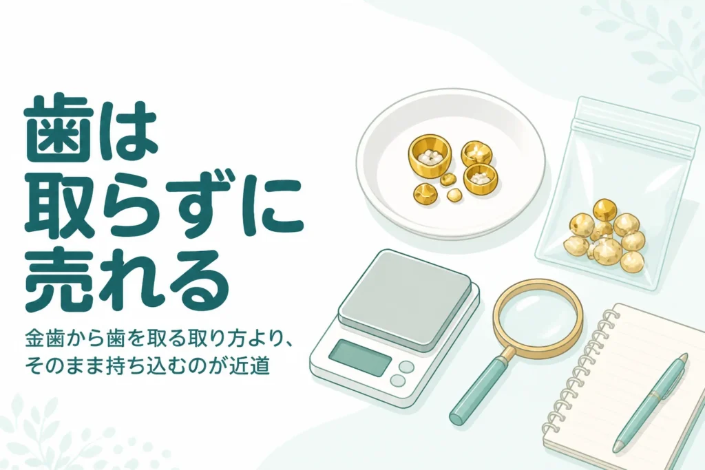 小皿の上の白いかけらが残った金色の金属片と小袋、「歯は取らずに売れる」の文字