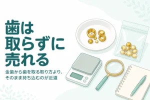 小皿の上の白いかけらが残った金色の金属片と小袋、「歯は取らずに売れる」の文字