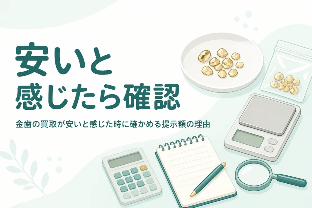 小皿の上の金色の金属片と明細メモ・電卓、「安いと感じたら確認」の文字