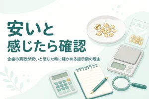 小皿の上の金色の金属片と明細メモ・電卓、「安いと感じたら確認」の文字