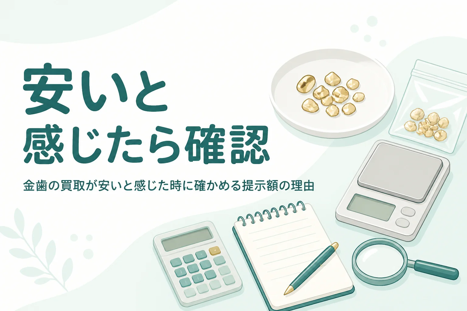 小皿の上の金色の金属片と明細メモ・電卓、「安いと感じたら確認」の文字
