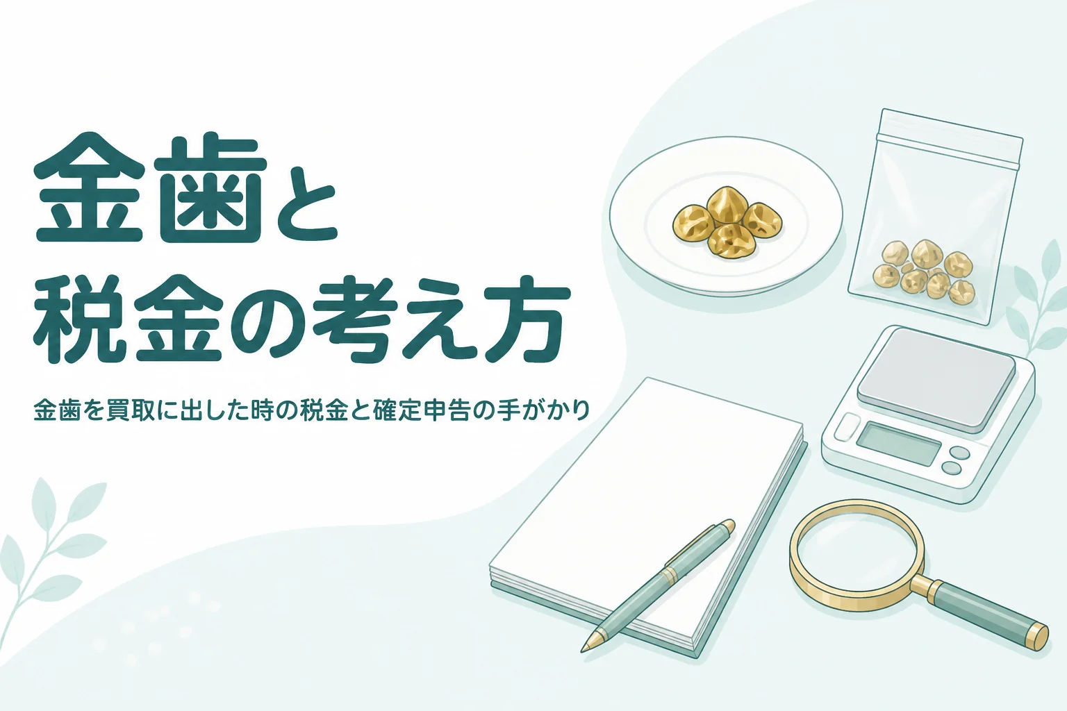 小皿の上の金色の金属片と書類・電卓、「金歯と税金の考え方」の文字